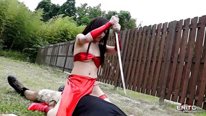 Busty Japanese ninja babe Suzu fucked and jizzed outdoors