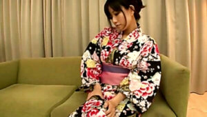 Shy Japanese woman in floral kimono is turned into slut quickly