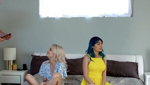 Teenage beauties look slick and sexy as fuck in a foursome