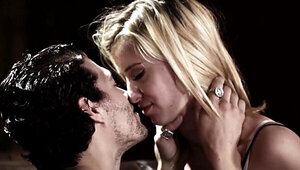 Sexy blonde babe sucking and fucking two big cocks