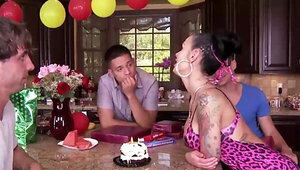 Angelina Valentine celebrating her birthday with two dicks