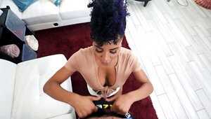 Spicy black chick sucks a big white dick and gets shagged