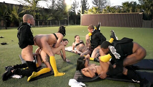 Bunch of horny girls and guys are having an orgy outside