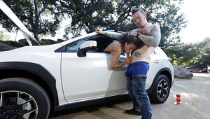 Slutty ebony chick gets fucked out in the open by boyfriend