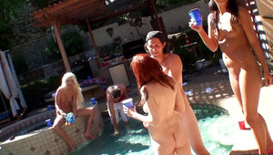 Hot bitches that love cock have a party by the pool outdoors