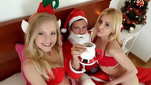 Santa Claus fucks two Spanish girlfriends with blonde hair