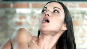 Long-legged brunette model makes love to foot fetishist