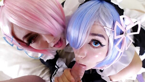 Threesome sex of European girls wearing pink and blue wigs
