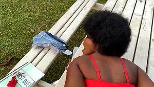 Gorgeous ebony with afro hairstyle fucked on the bench