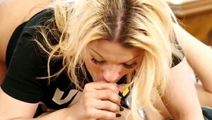 Blonde with a nice set of tits strokes him and fucks him