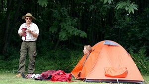 The big stud is banging his blonde girlfriend in the forest