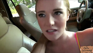 Stranded teen Sam Summers exposes her big tits after getting picked up