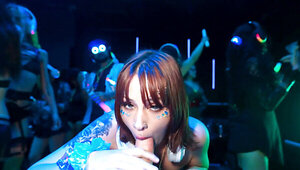 Curvy redhead babes gets an intense orgasm in the club