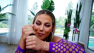 Sexy whore in a fishnet onesie starts fucking two big cocks