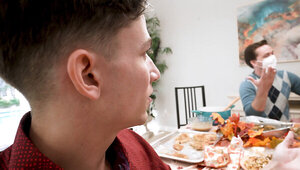 Attractive MILF and a blonde teen are fucking after dinner