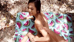 Skinny Asian babe enjoys sex with boyfriend in the forest