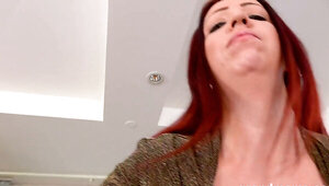 Redheaded momma with a meaty ass riding his giant cock