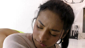 Cute exotic girl is giving a blowjob to her roommate