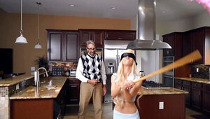 Petite minx analyzed by friend's perverted stepdad in kitchen