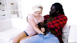 Interracial sex scene of pale-skinned cutie and giant black guy