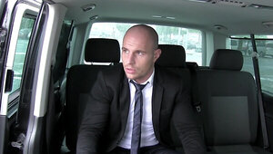 Secretary brunette blows a man and rides him in the car