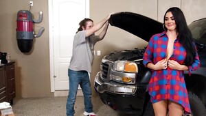 Dark haired brunette gets rammed so hard in the garage