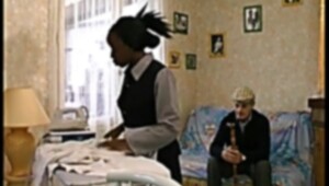 French ebony maid banged in three-way with Papy Voyeur