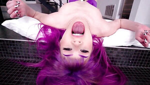 Babe with violet hair is keen to suck off