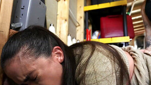 Angelina Moon sucks and rides a big cock in the storage room