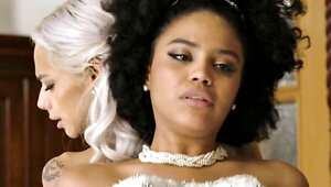 Blonde babe and an ebony having a threesome after wedding