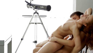 Petite redhead Janna, getting her pussy fucked on the stool