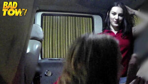 Two sexy girls get their clothes off in the van and they fuck hard