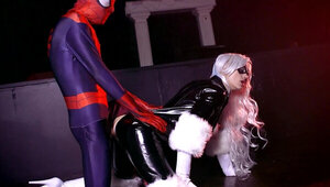 Sexy Black Cat and Spider Man have a costumed hardcore fuck