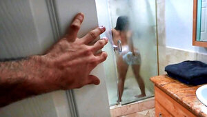 Chubby teen permits curious roommate to analyze her in the shower