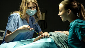 A couple of sexy chicks have a threesome with a patient