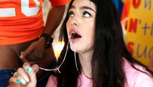 Busty baddie getting blowbanged by the footblal fans