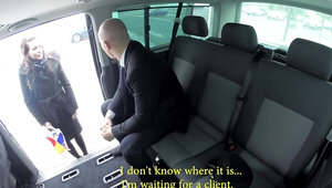 Secretary brunette blows a man and rides him in the car