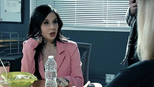 Two managers fight for their boss' attention and pussy