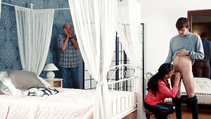 Cuckold is watching as his busty wife fucks with stepson