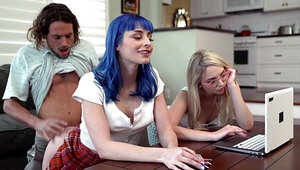 Jewelz Blu and Lily Larimar tease him until they please him