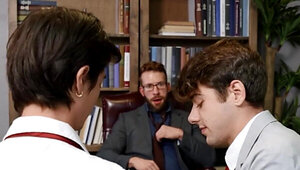 Handsome lad is watching the two coeds suck and fuck