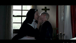 A bald chick is fucking her nun friend in the monastery