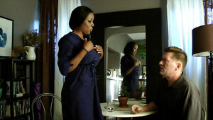 Ebony babe jerking off a BWC in the cup in a fetish video