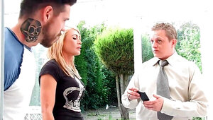 Leggy blonde with big boobs keeps her sexy legs spread