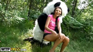 Sex in the woods with a huge toy panda