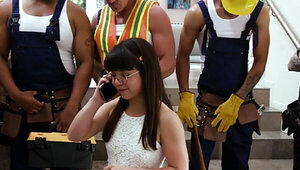 Submissive brunette in a skirt is going to fuck everyone