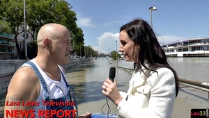 Journalist fools around with a bald man for a report