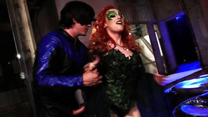 Red-haired supervillainess banged from behind by masked superhero