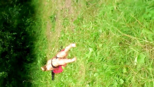 Flash and cum on sunbathing sexy girl in park