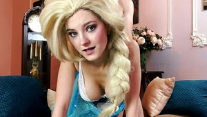 Beautiful blonde cosplays animated character in doggystyle video